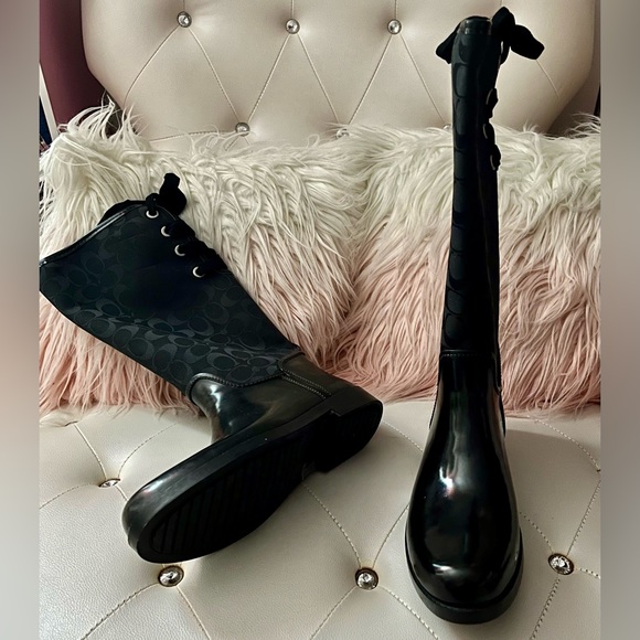 Coach Black Signature Jacquard Back Lace Up Rain Boots Size 11B/41 - Picture 8 of 15